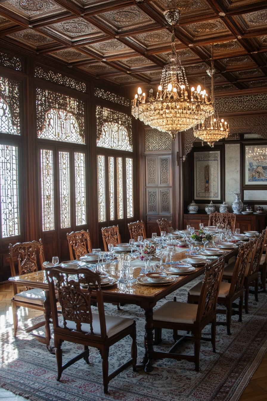 Ornate furniture and dishes in the Persian dining room