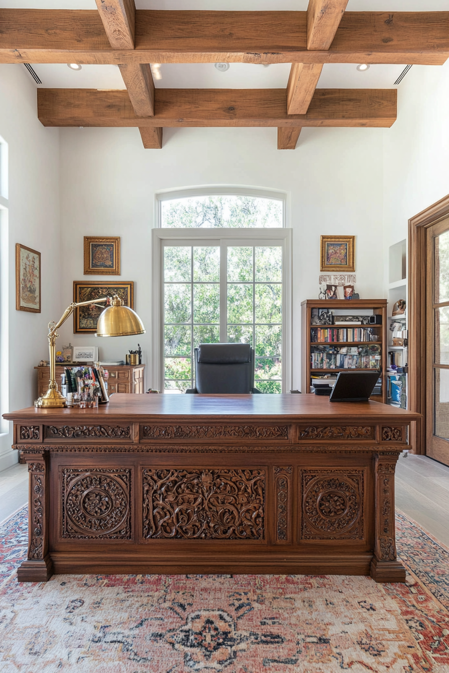 Stable wooden desk with elaborate carvings in the Persian home office