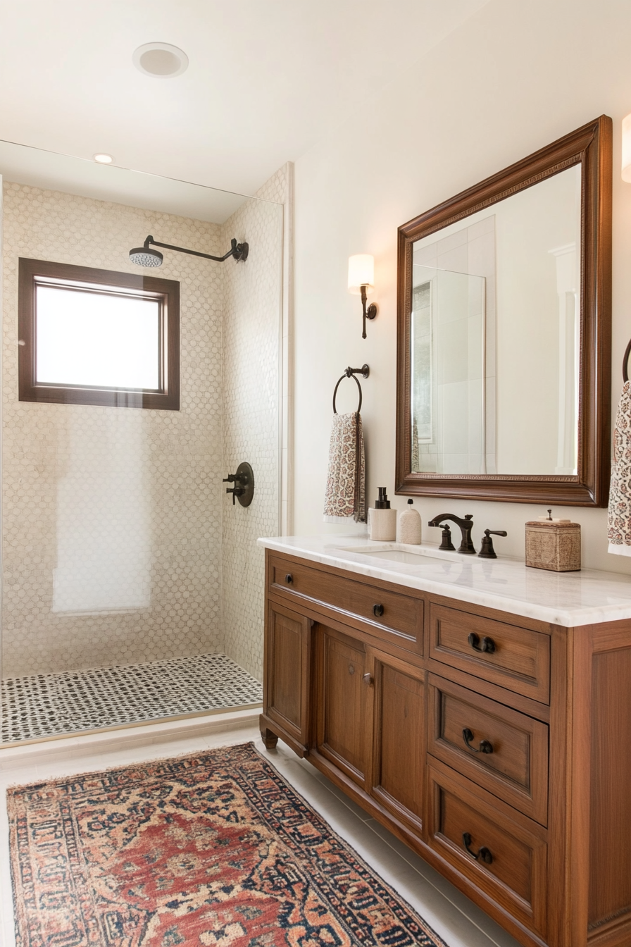 Patterned towels and decorative soap dispensers in Persian bathroom