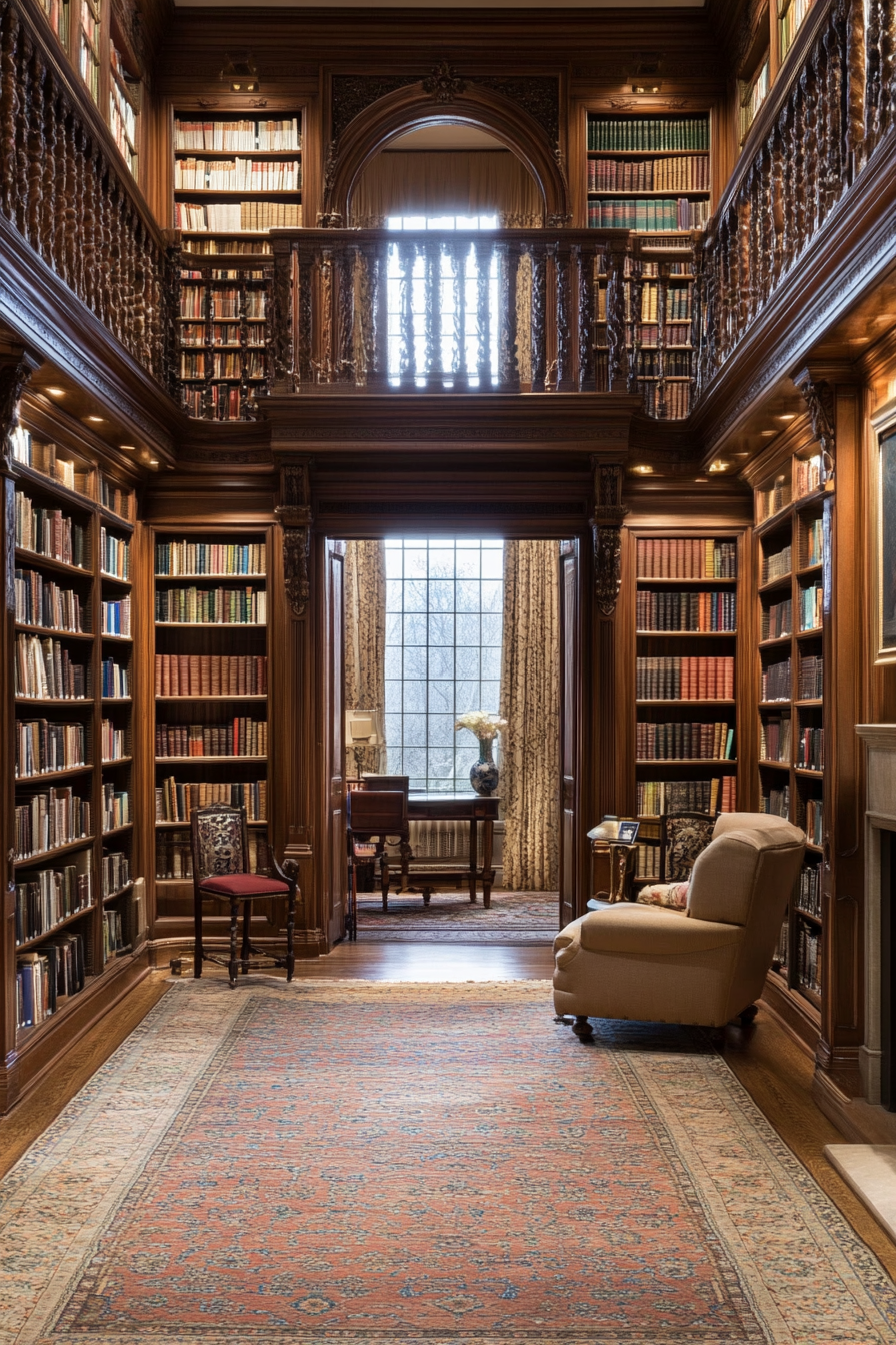 Built-in bookshelves and plush armchairs in a Persian library