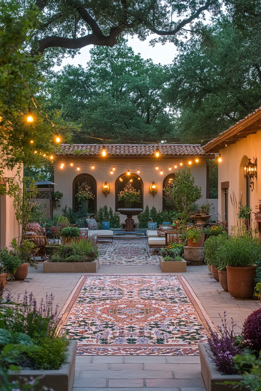 Seating areas with Persian-style textiles in the Persian garden