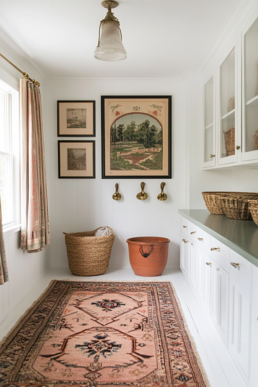 Small Persian rug and brass hooks in Persian laundry room