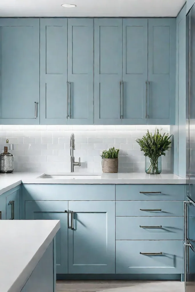 Cool blue cabinets create a calm kitchen atmosphere