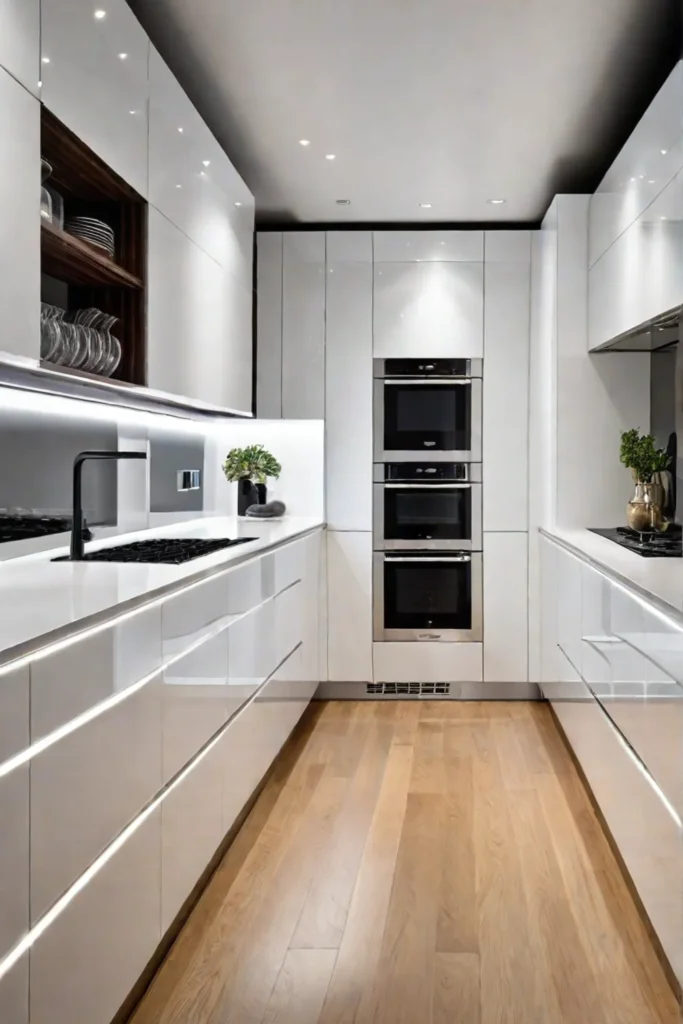 Pantry kitchen with glossy white cabinets and mirrored back wall