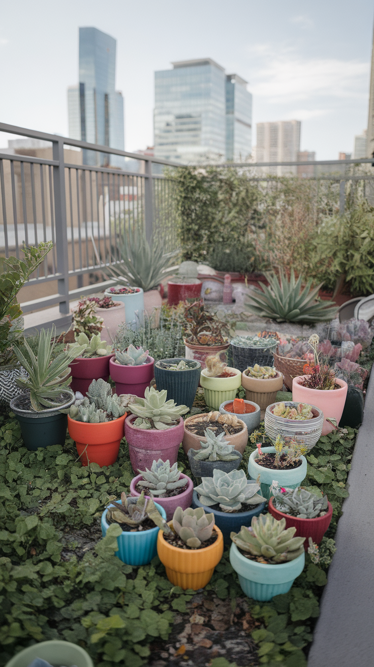 Colorful pots with various drought-resistant plants on a roof garden.