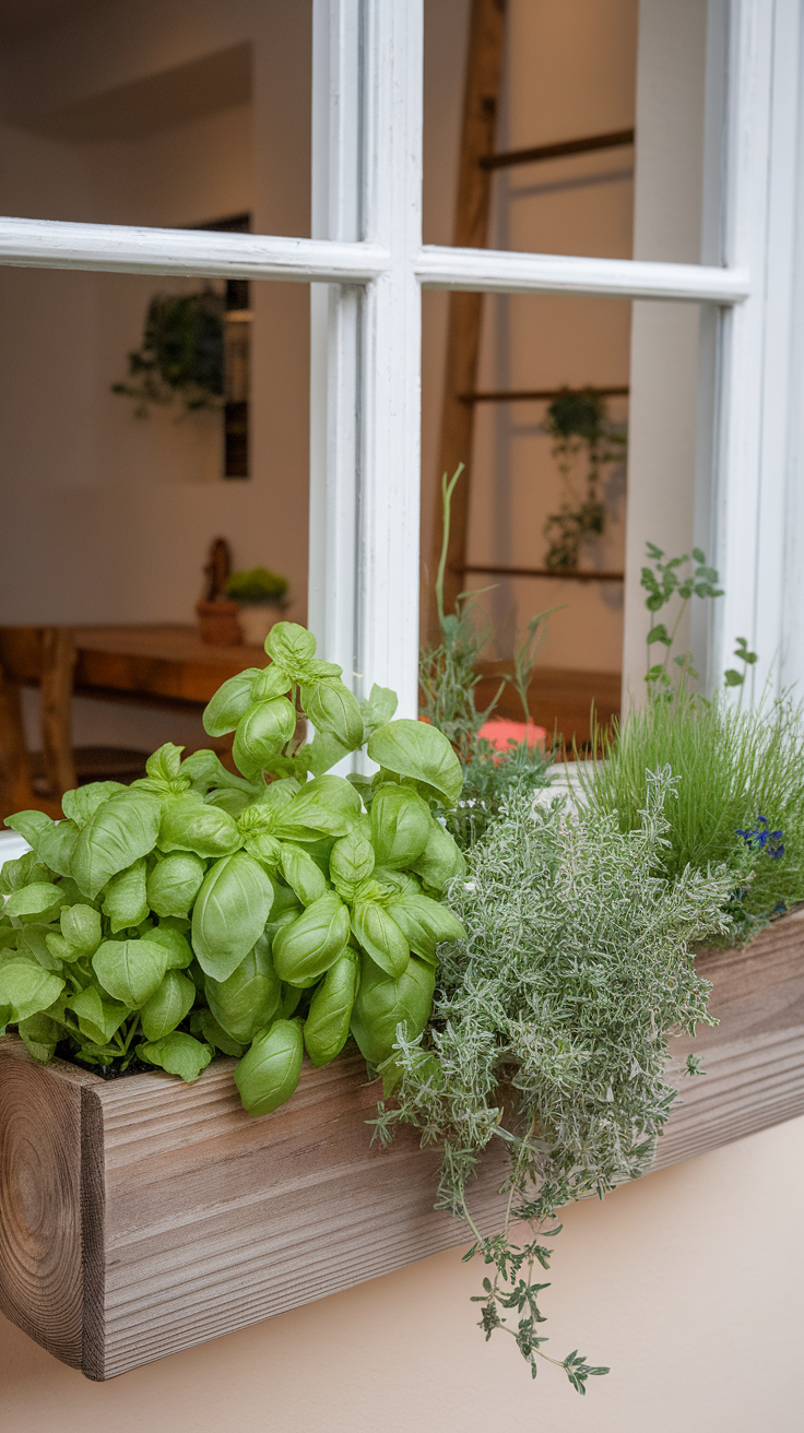 A wooden window box filled with fresh green herbs such as basil and thyme.