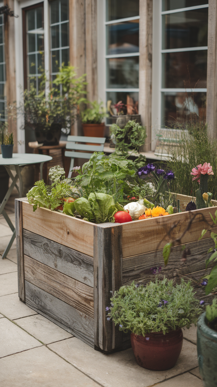 A wooden raised bed filled with various vegetables and flowers, surrounded by potted plants and a small table and chairs.