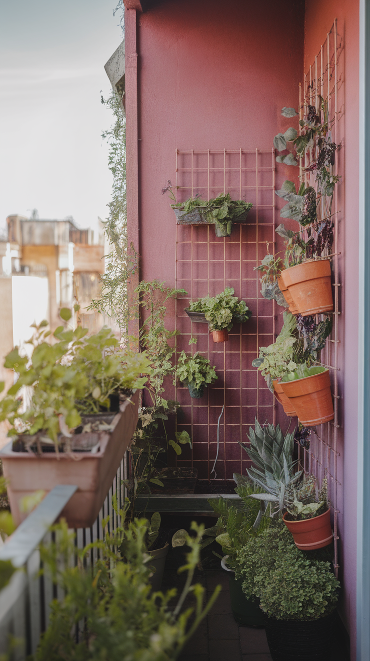 A balcony with various plants arranged vertically on a wall, presenting a vibrant and lush green space.