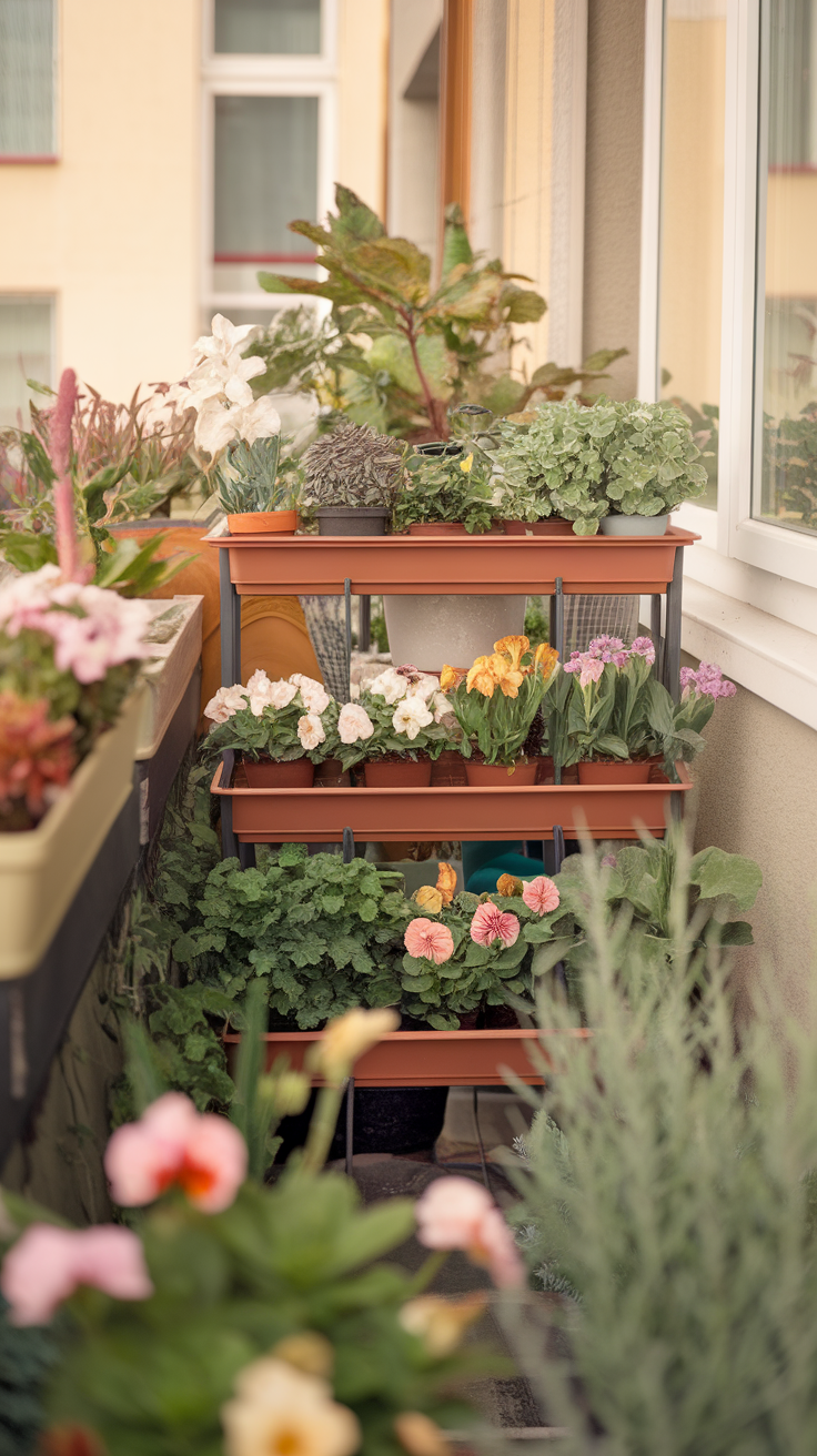 A balcony with tiered plant stands full of colorful flowers and greenery.