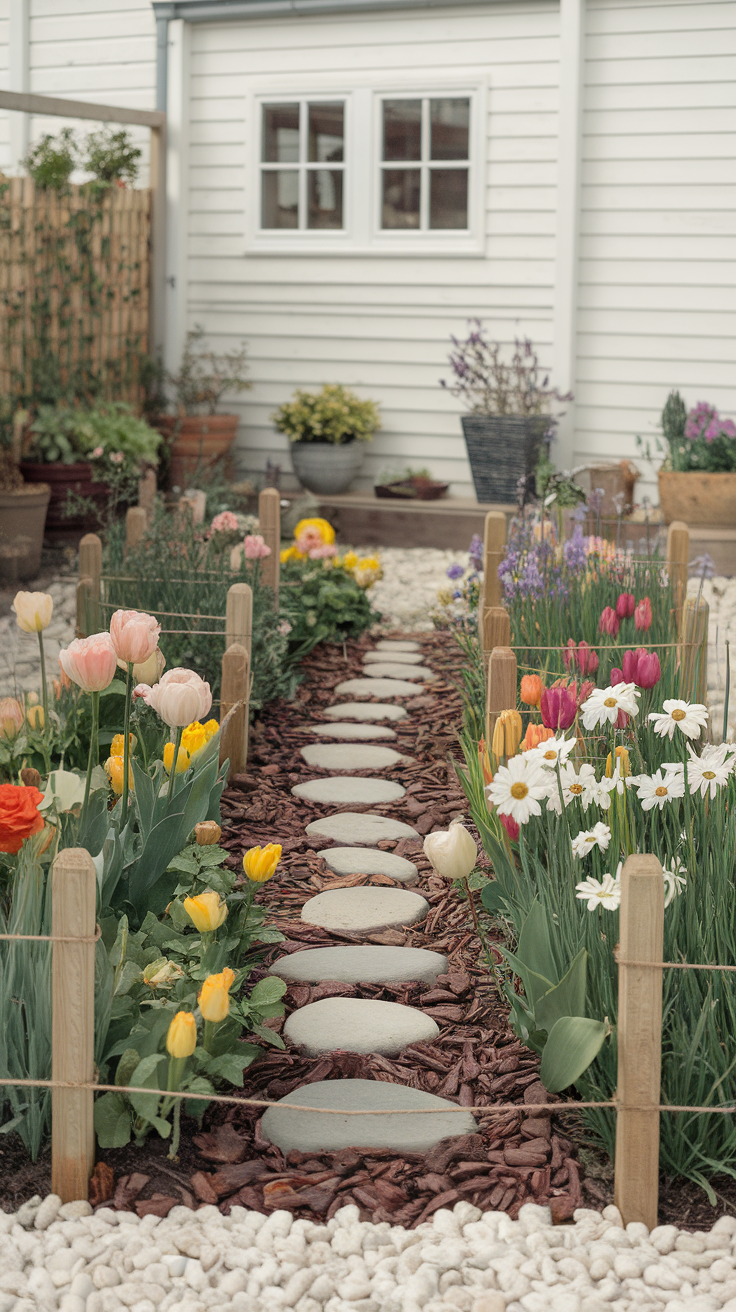 A garden path lined with colorful flowers and stone stepping stones.