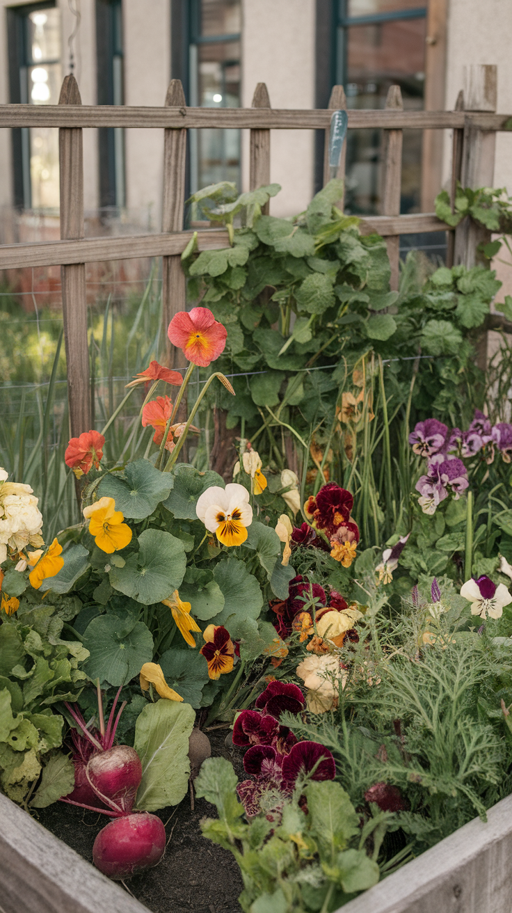 A vibrant garden bed filled with a variety of edible flowers and leafy greens.