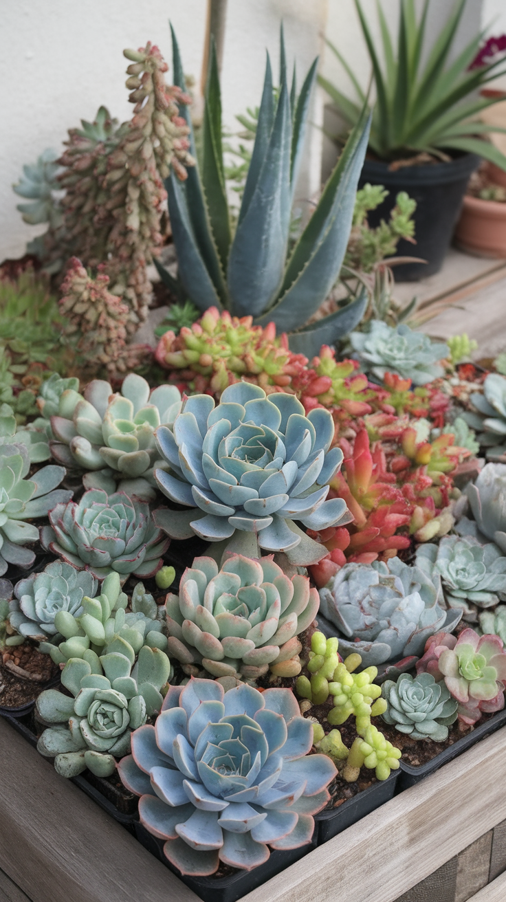 A vibrant display of different succulents in one pot.