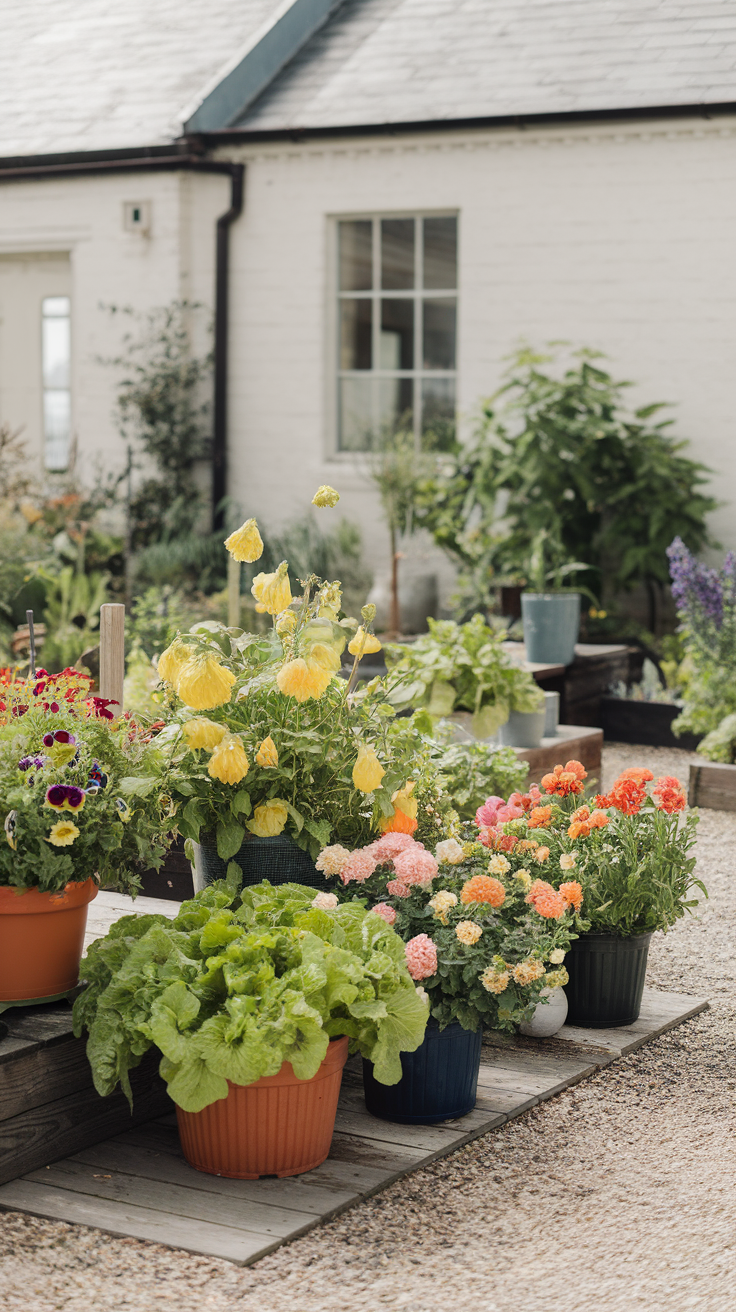 Colorful pots of flowers and leafy vegetables arranged in a garden area.