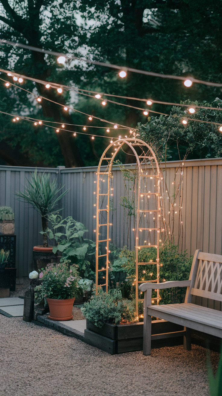 A beautifully lit garden with fairy lights and a wooden trellis surrounded by plants.