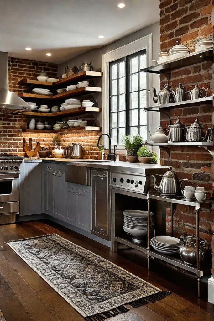 Antique teapots and a vintage rug add charm to a kitchen