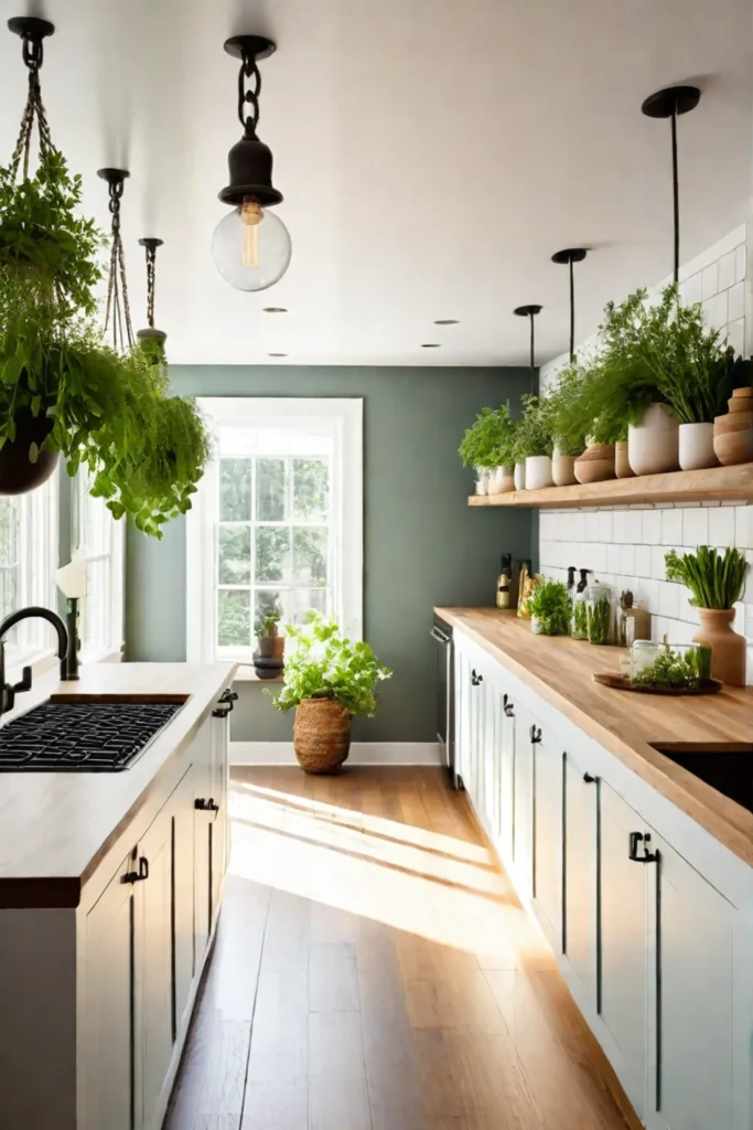 Botanical prints and fresh herbs decorate a small kitchen