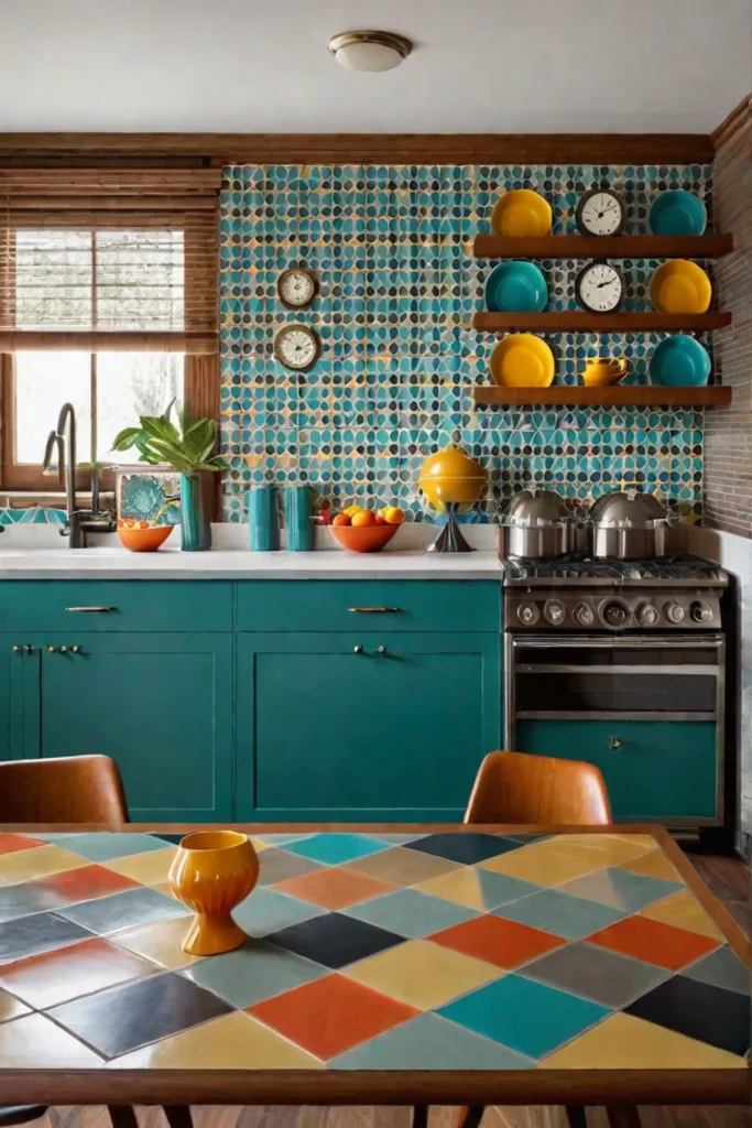 Colorful glassware on open shelves in a retro kitchen