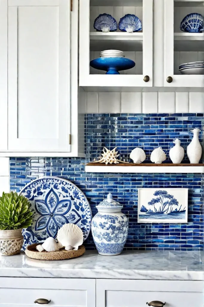 Coastal kitchen with blue and white accents and glass tiles