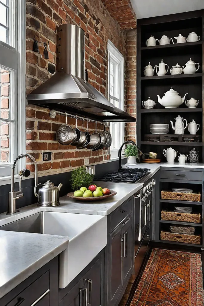 Exposed brickwork and vintage decor in a small, eclectic kitchen