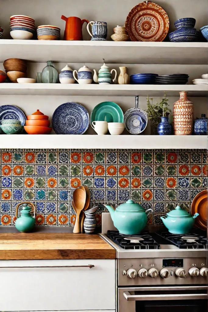 Globally inspired decor and vintage pottery in a small kitchen