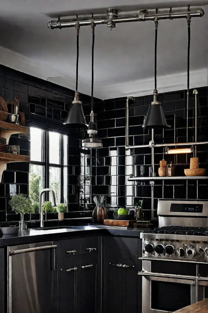 Industrial kitchen with black tiles and metal accents