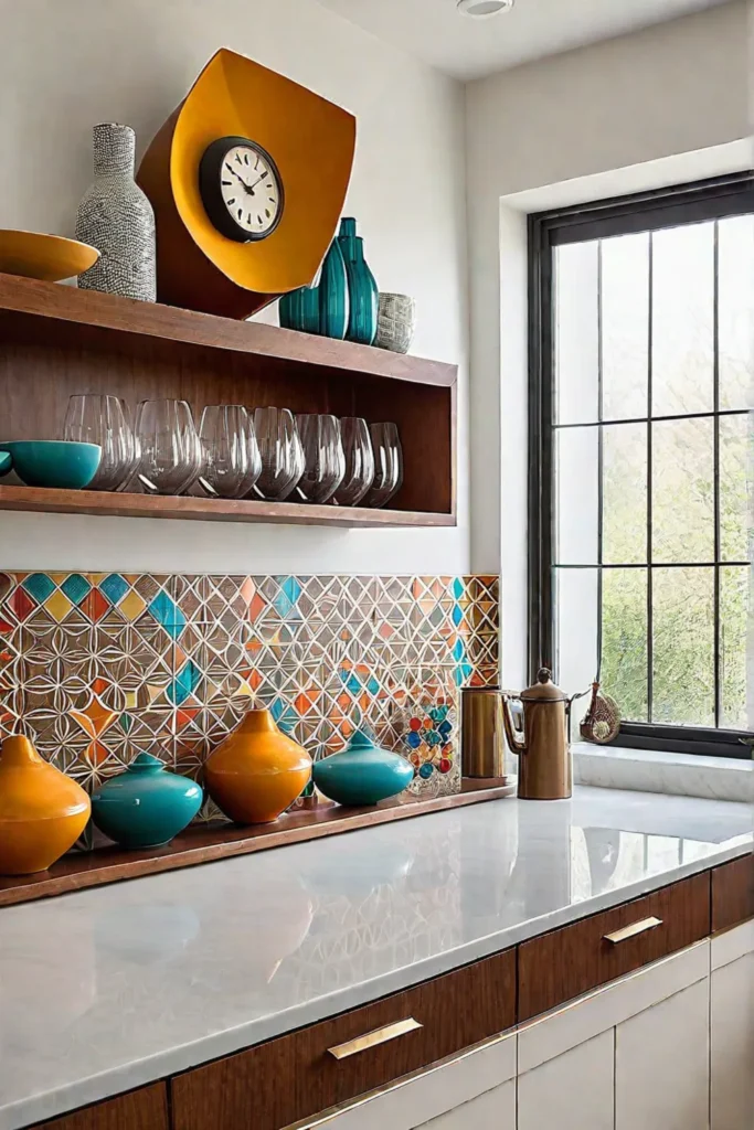 Mid-century modern kitchen with geometric tiles and a sundial