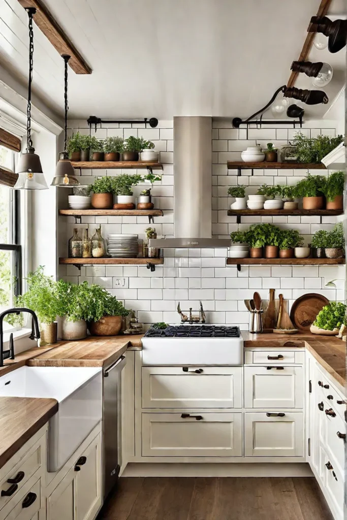 Pendant lights and open shelving in a white galley kitchen