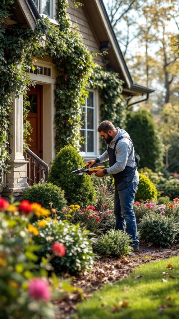 A person trims bushes in a well-kept garden near a house.