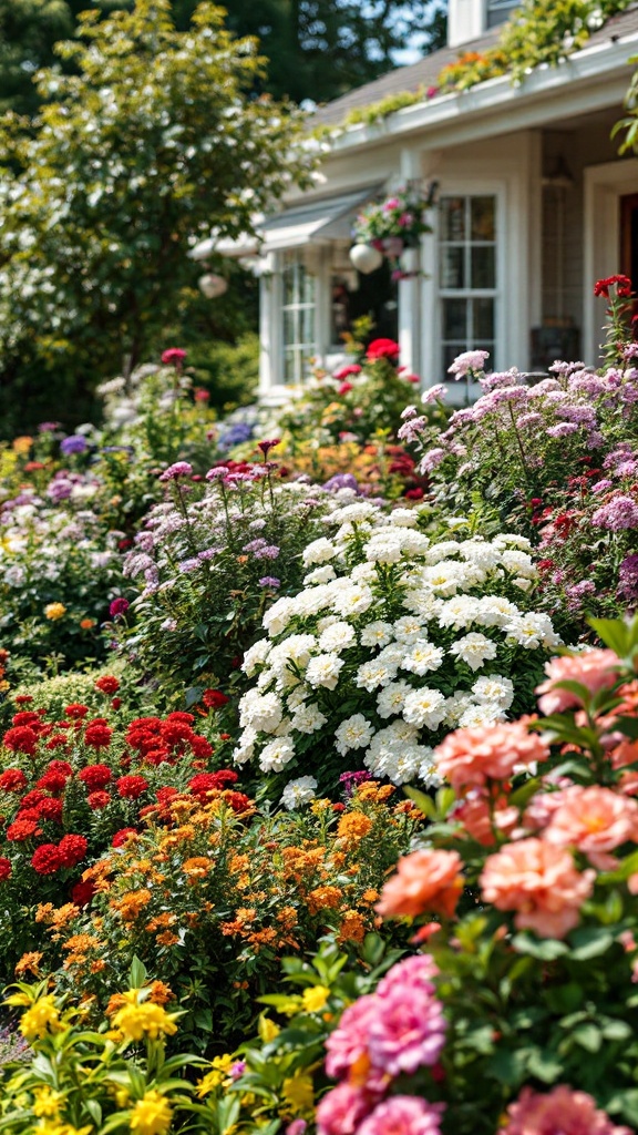 Vibrant flower garden in front of a house with different colored flowers and lush greenery.