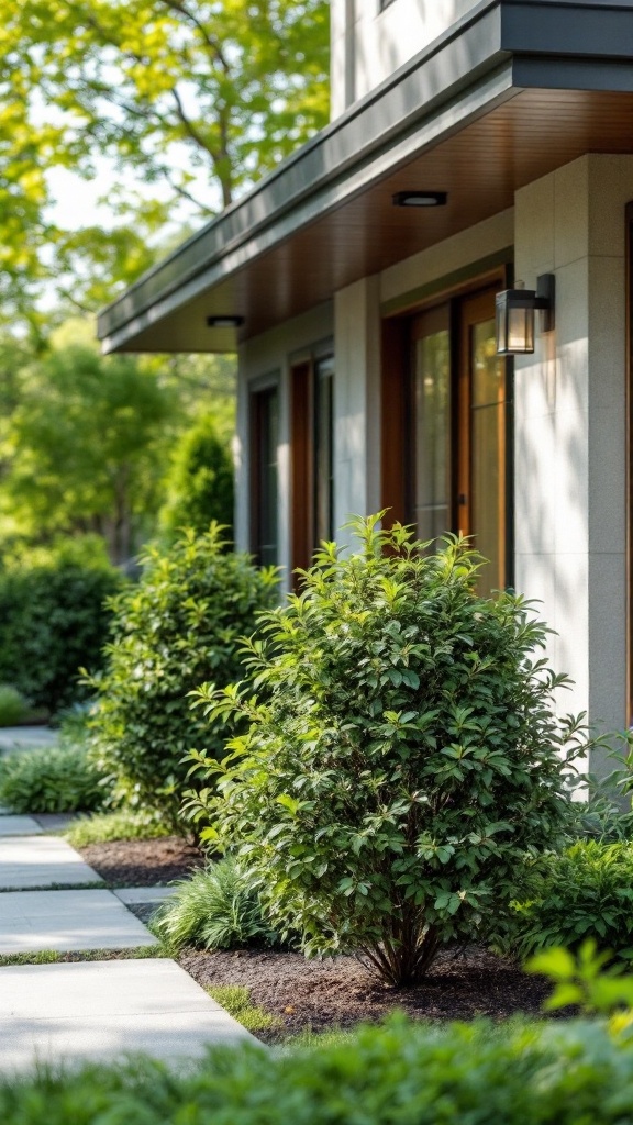 A well-kept garden with low-maintenance bushes next to a walkway and a modern house.