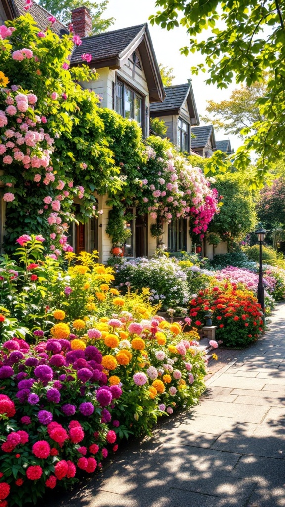 A vibrant display of colorful flowering bushes lining an enchanting path.