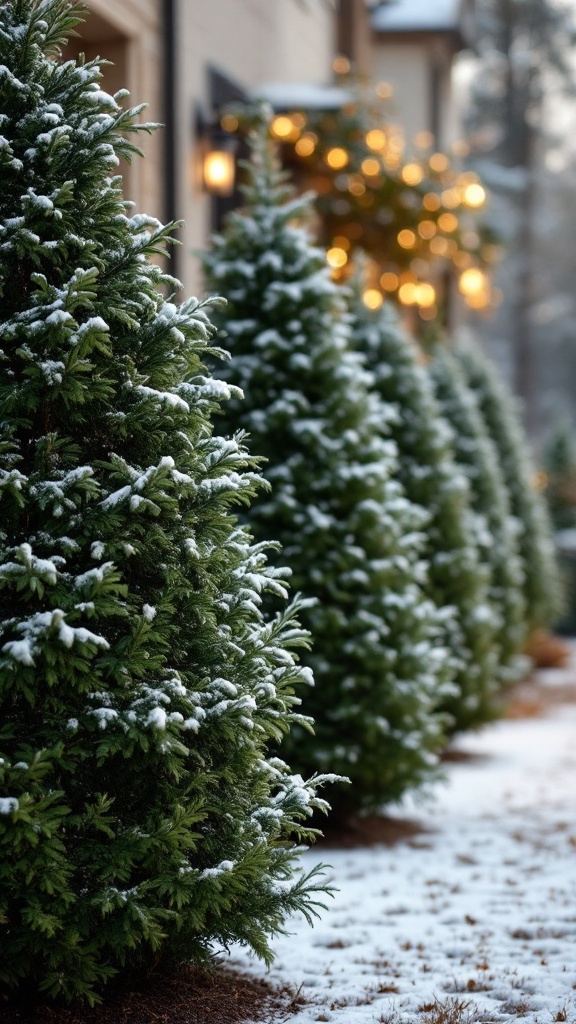 Row of evergreen, snow-covered bushes next to a house