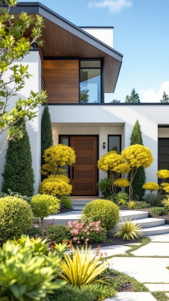 A modern home entrance with stylish bush species and an inviting path.