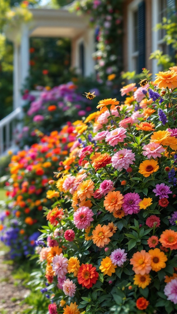 A colorful garden full of different flowers that attracts bees and butterflies.