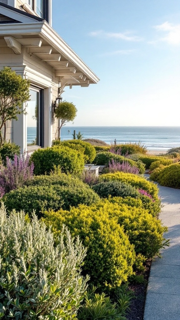 Lush bushes line a path on the beach, with a view of the sea in the background.