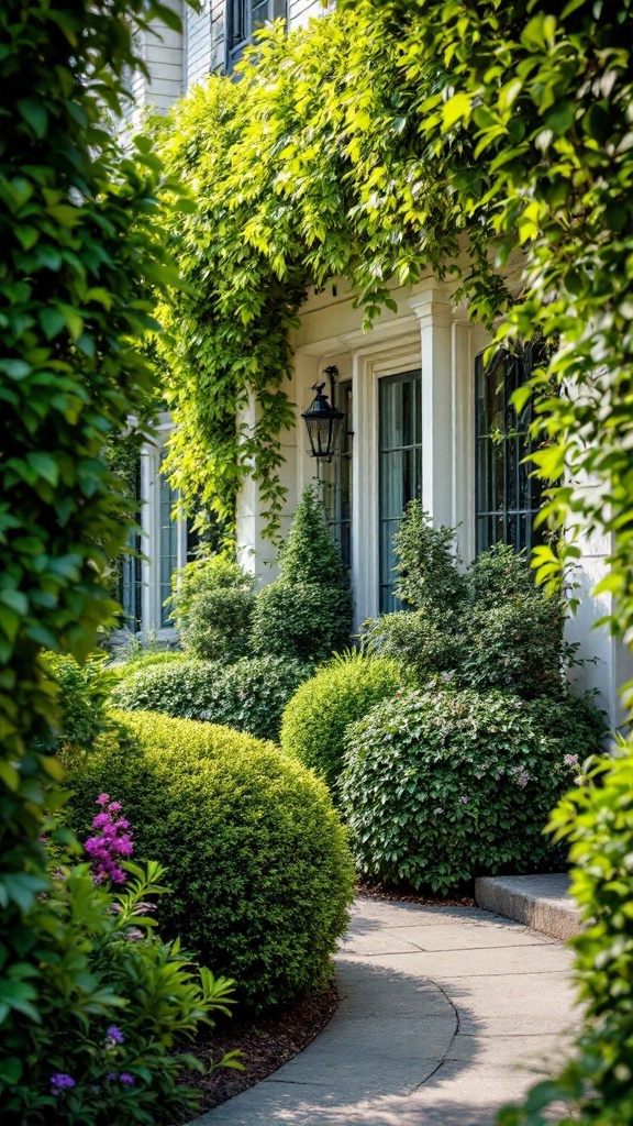 A beautifully landscaped front garden with lush green bushes and a stone path.