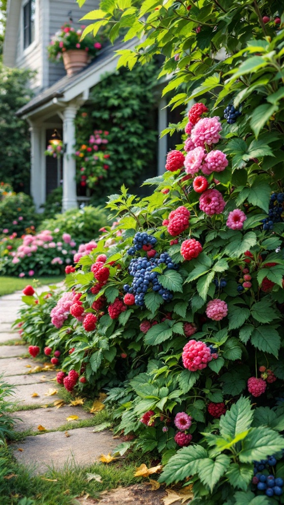 A path lined with colorful raspberry and blueberry bushes in a residential garden.