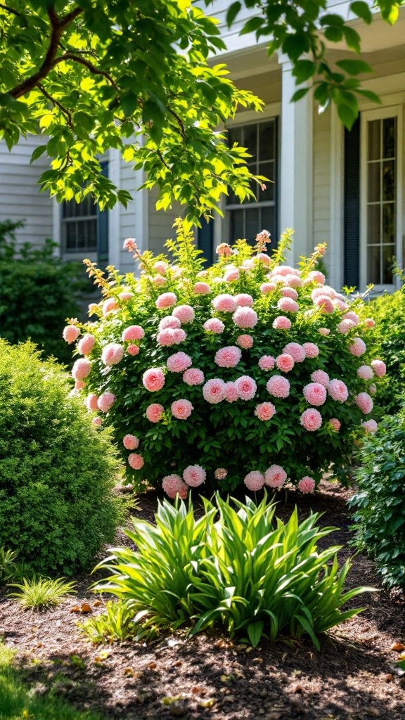 A beautiful bush with pink flowers surrounded by green plants in a shady area.