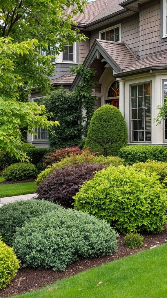 A beautifully landscaped garden with bushes of different heights and colors.