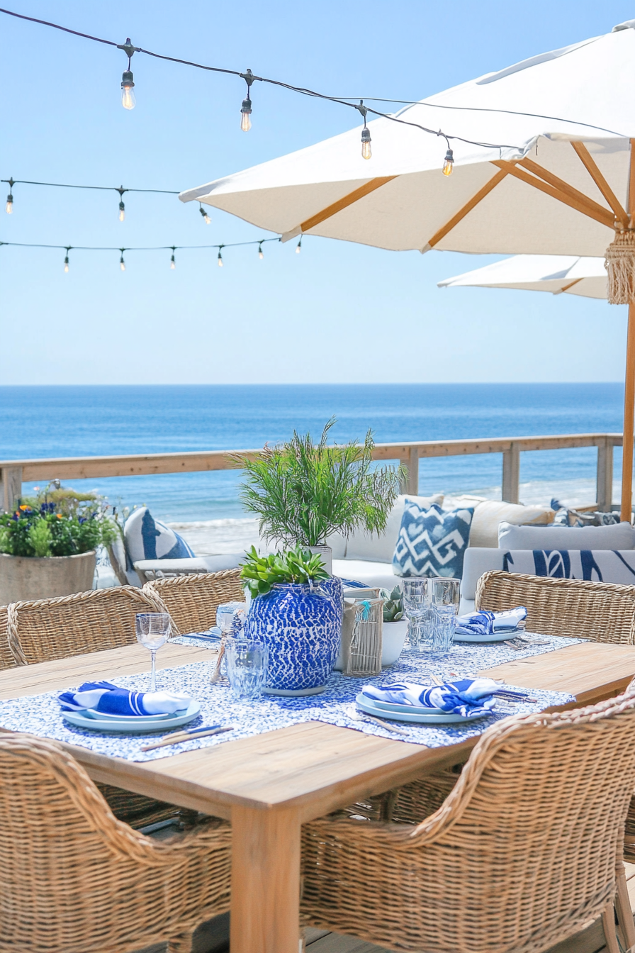 Wicker dining set on coastal patio