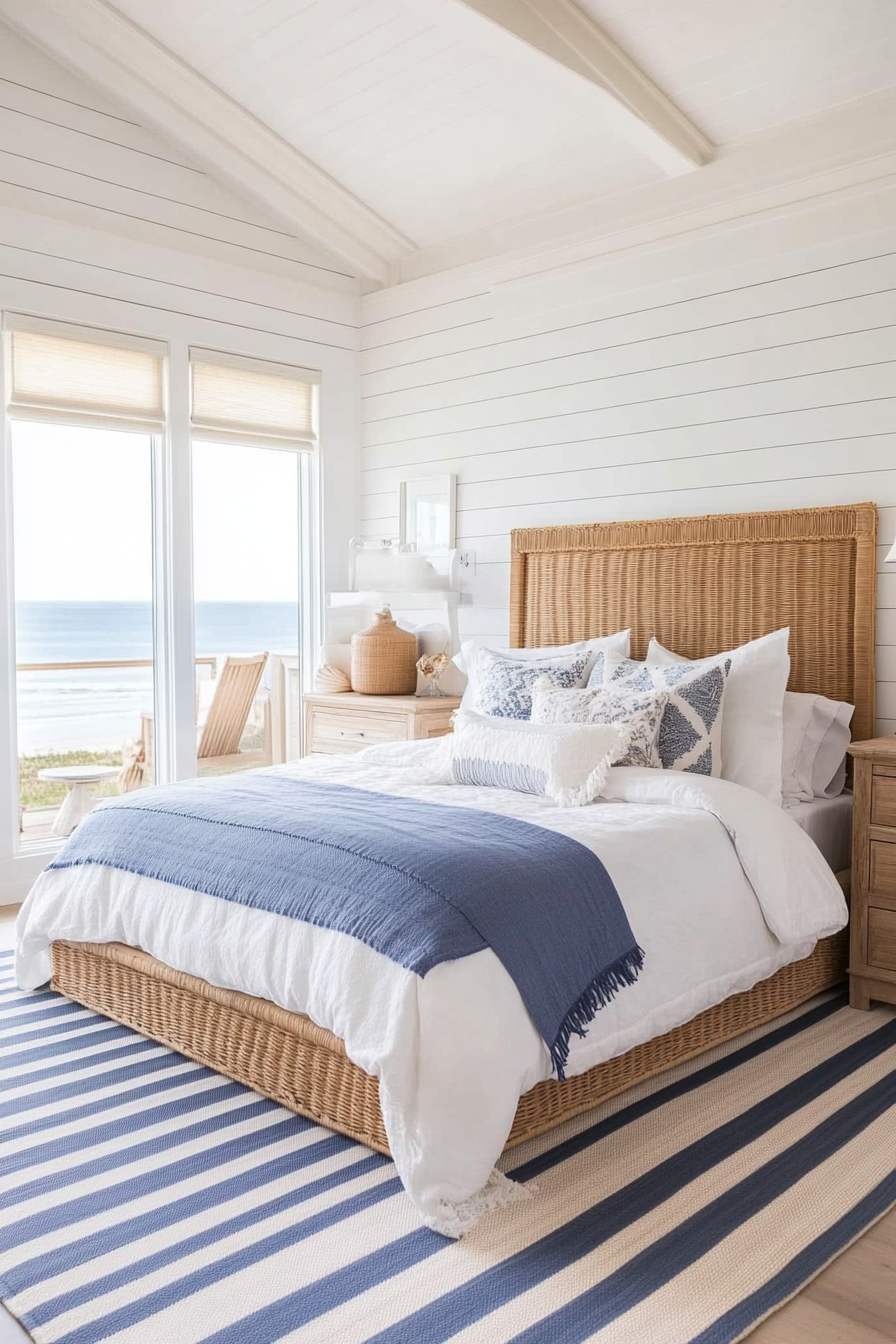 Nautical striped rug in coastal bedroom