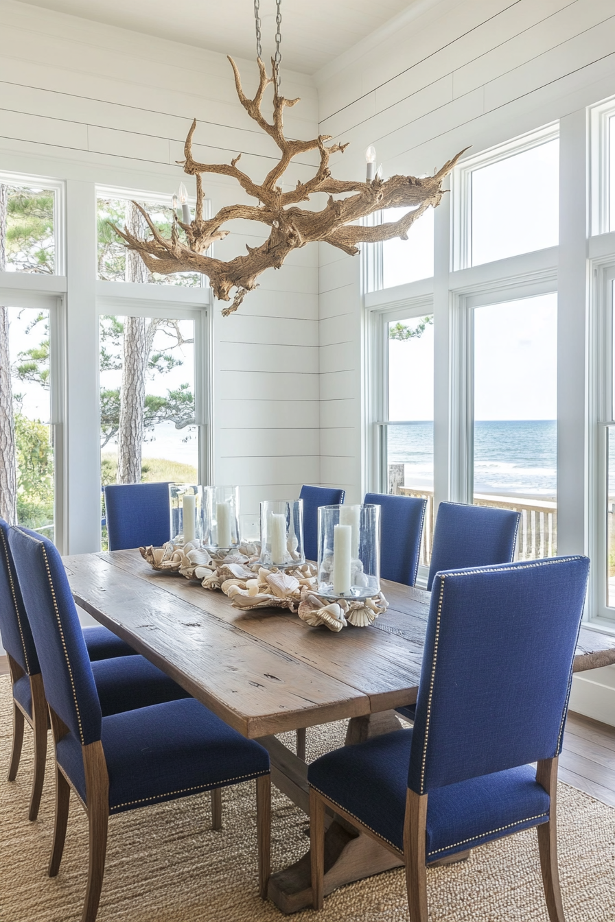 Driftwood chandelier in coastal dining room