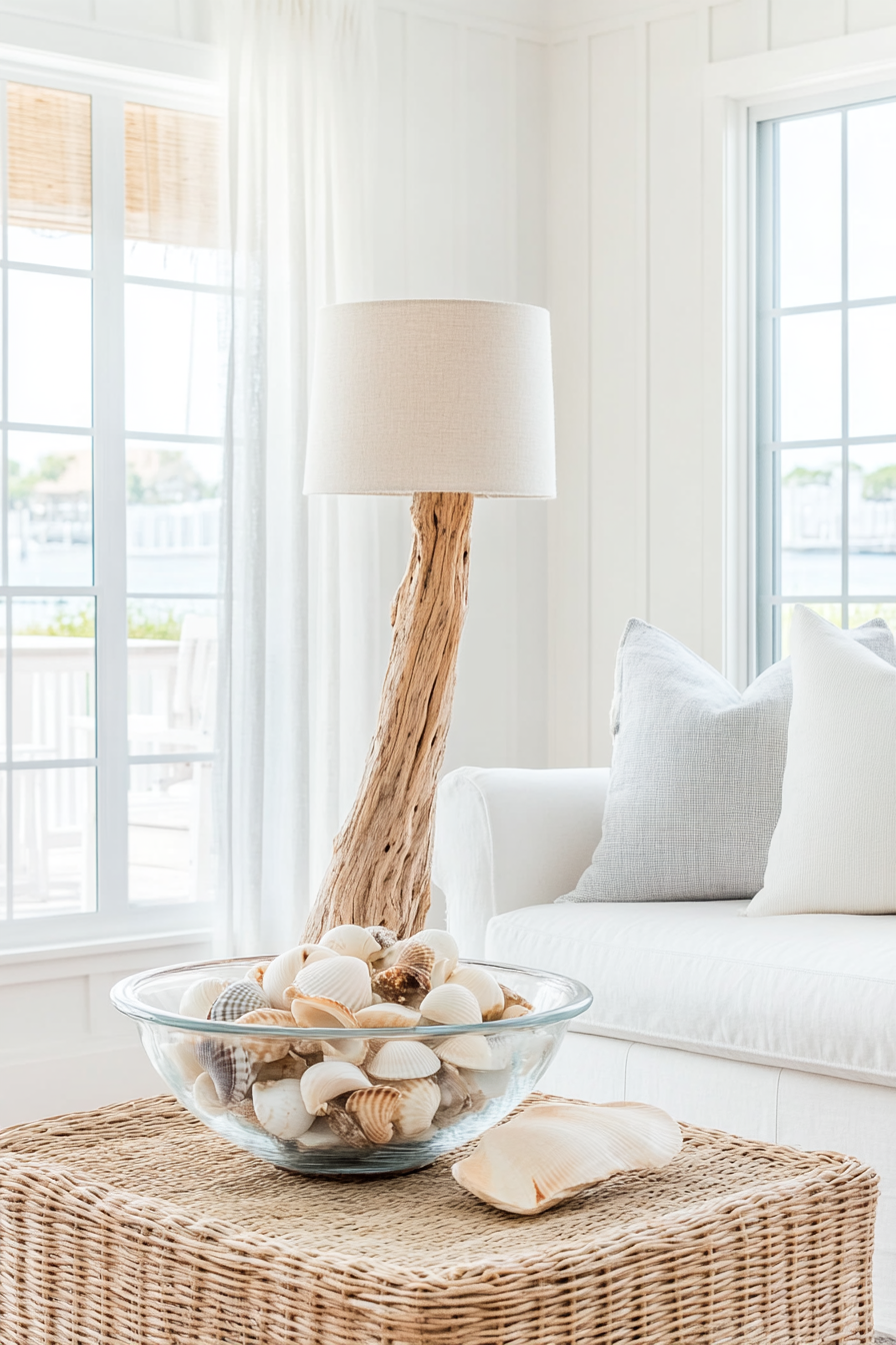 Seashell centerpiece in coastal living room