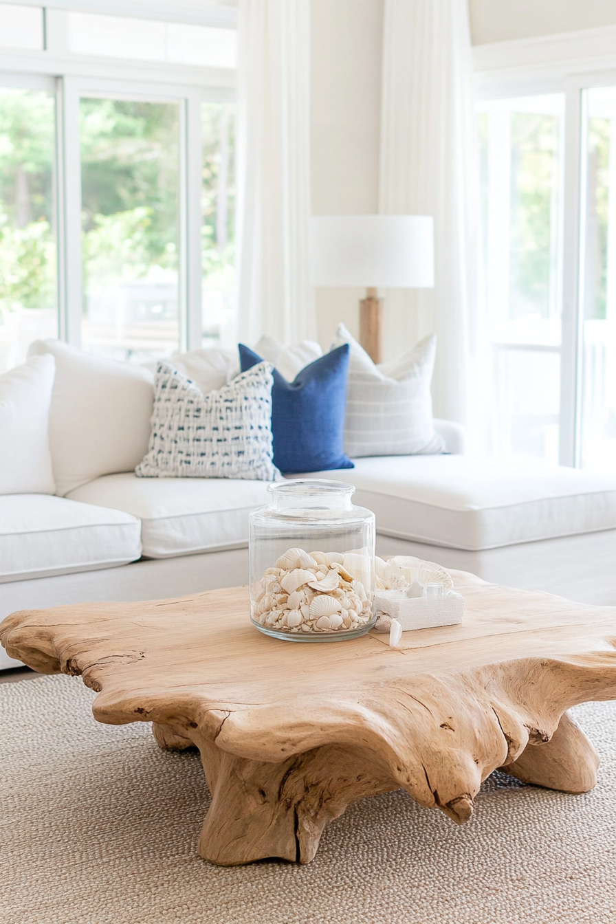 Driftwood coffee table in coastal living room