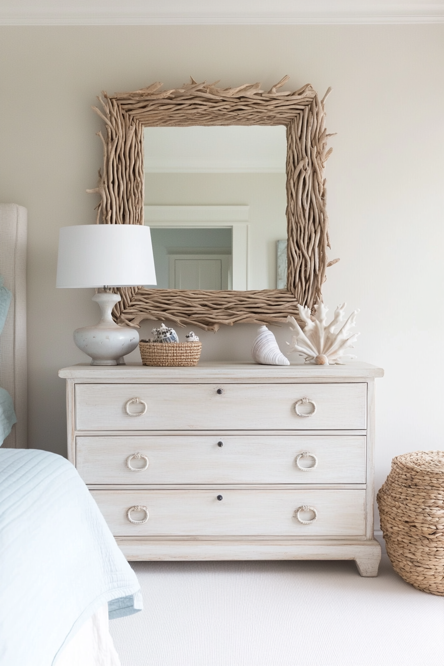 Driftwood framed mirror in coastal bedroom