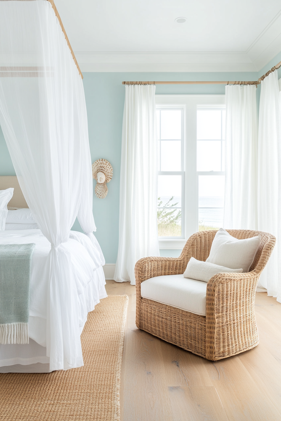 Wicker chair in coastal bedroom