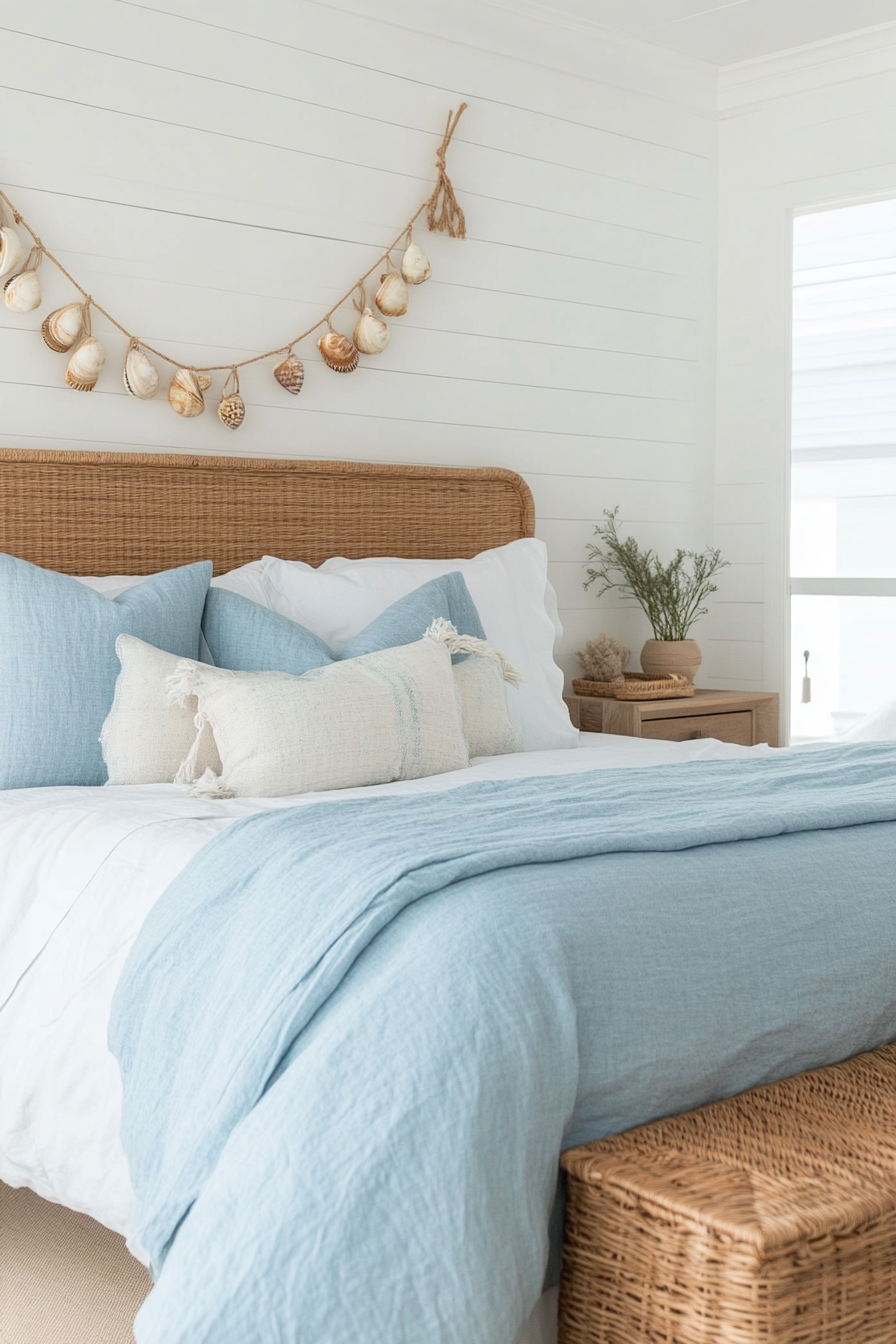 Seashell garland in coastal bedroom