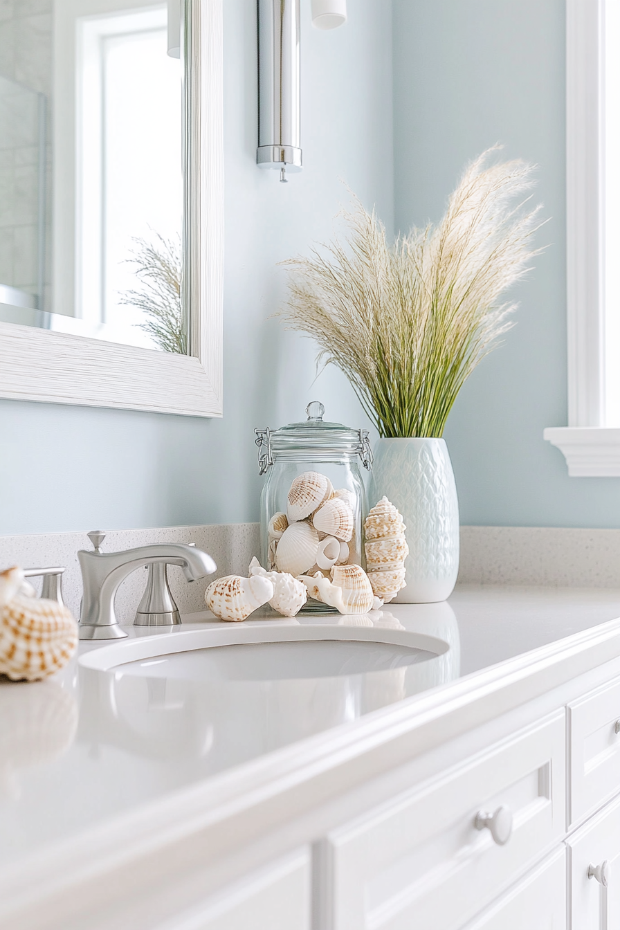 Seashell decorations in coastal bathroom