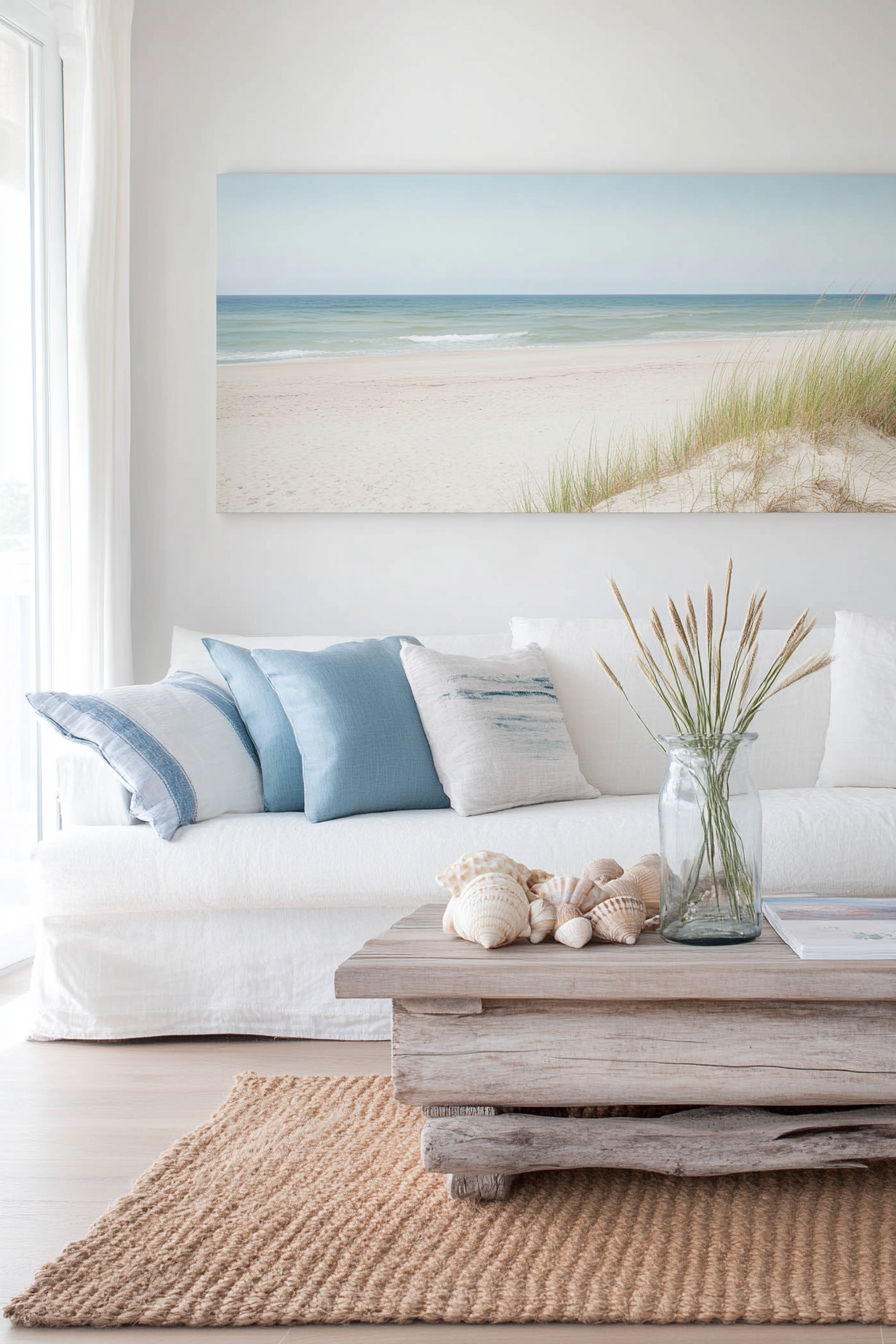 Beach scene painting in coastal living room