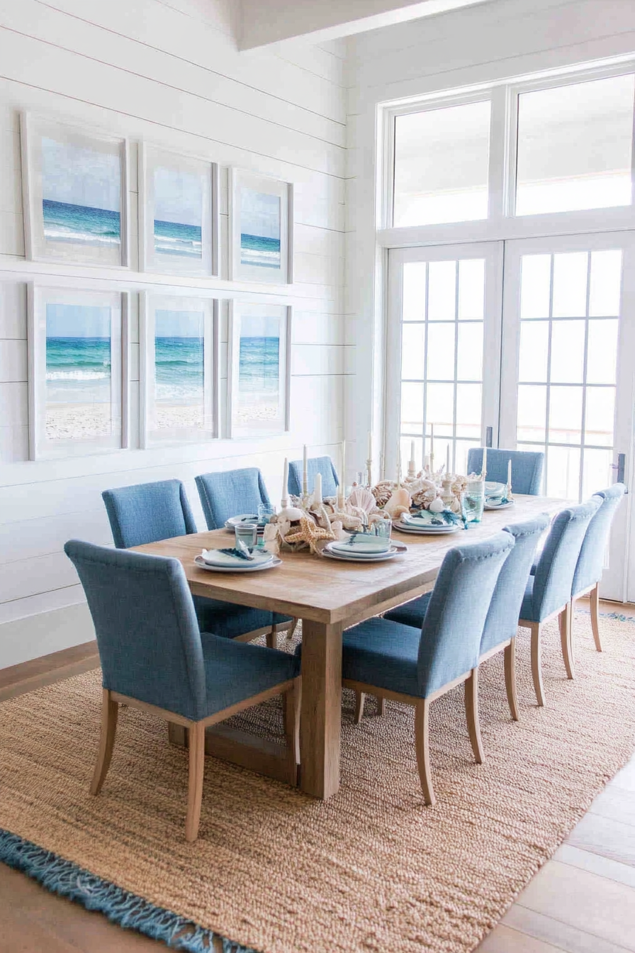 Gallery wall with sea-inspired artwork in coastal dining room